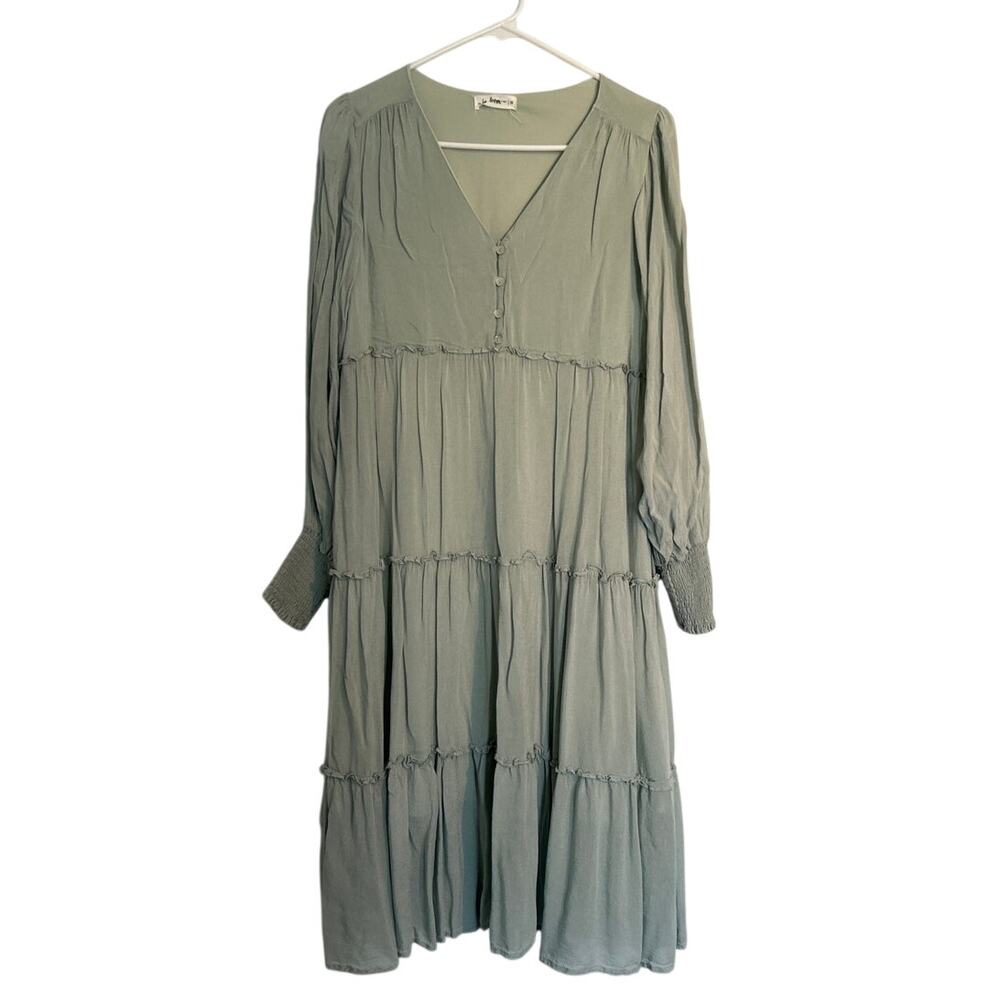 In Bloom Midi Tiered Long-Sleeve V-Neck Dress – Sage Green, Women’s Medium